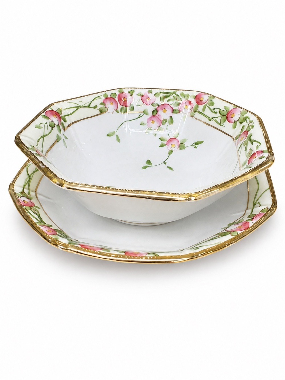 Antique Japanese Hand Painted Berry Bowl Nippon Saucer Gold Floral Porcelain